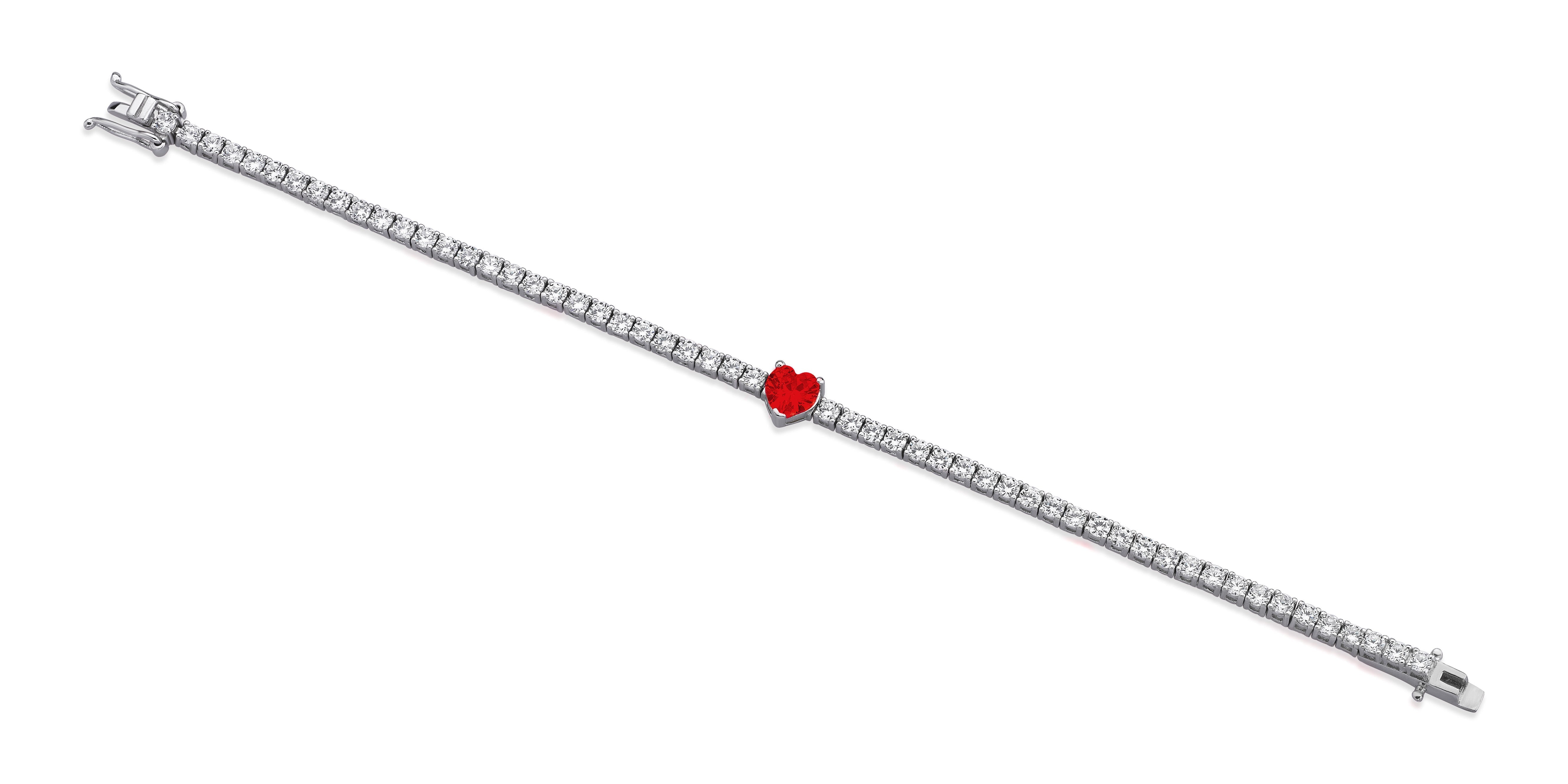 BRACELET HEART sterling silver bracelet with red heart-shaped zirconium stone and rhodium plating