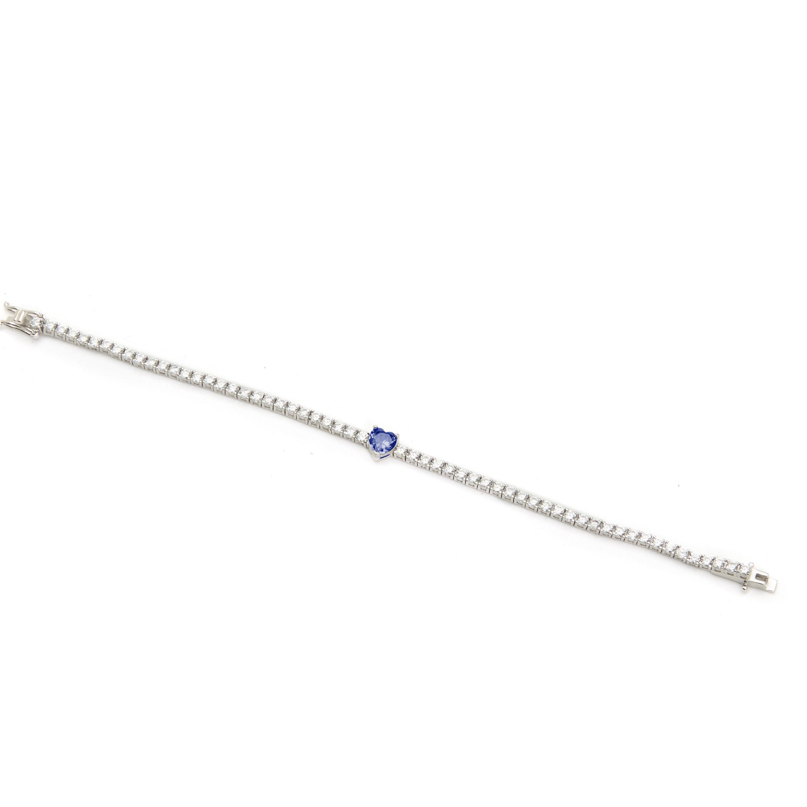 Sterling silver BRACELET HEART with blue zirconium heart-shaped stone, rhodium plated