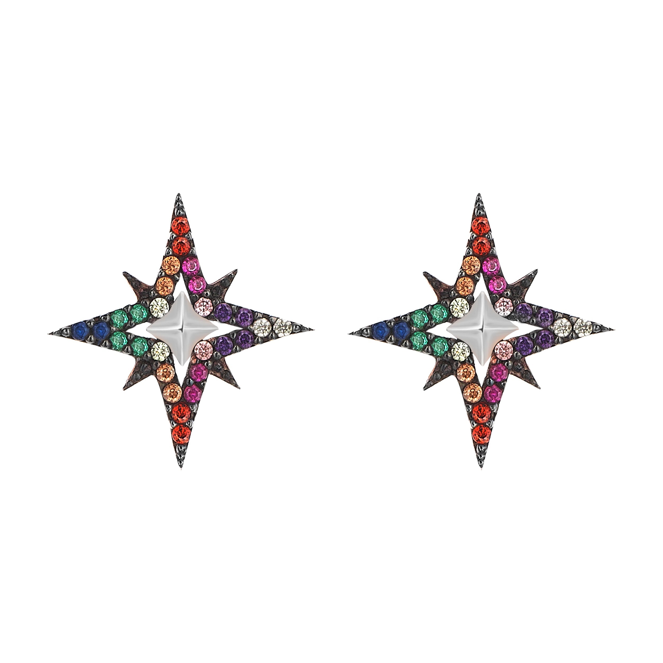 Sterling silver rainbow star stud earrings with multicolored zirconia.