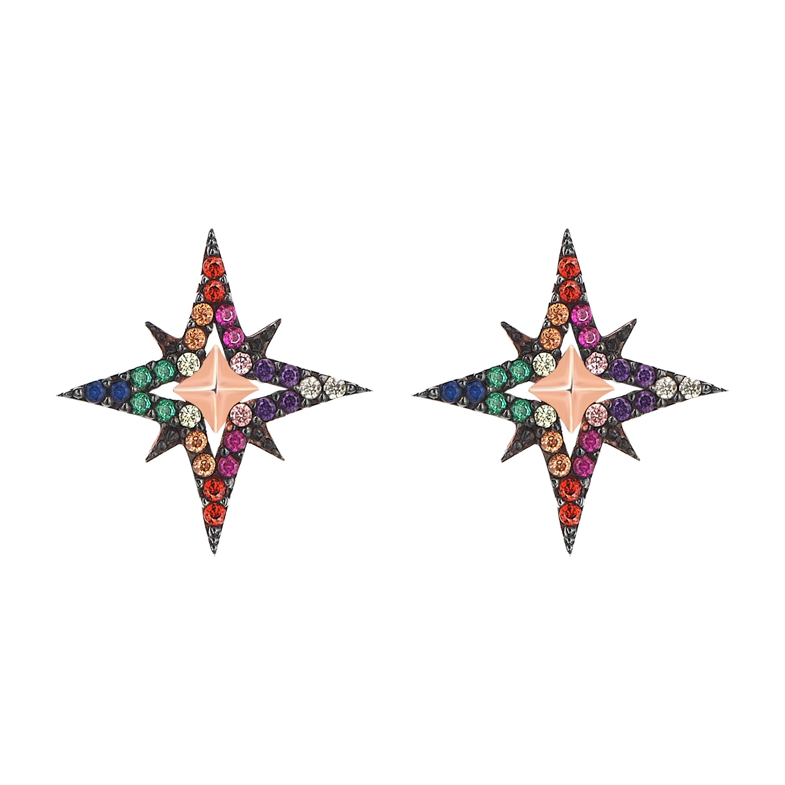 Sterling silver star-shaped earrings with multicolored zircon stones.