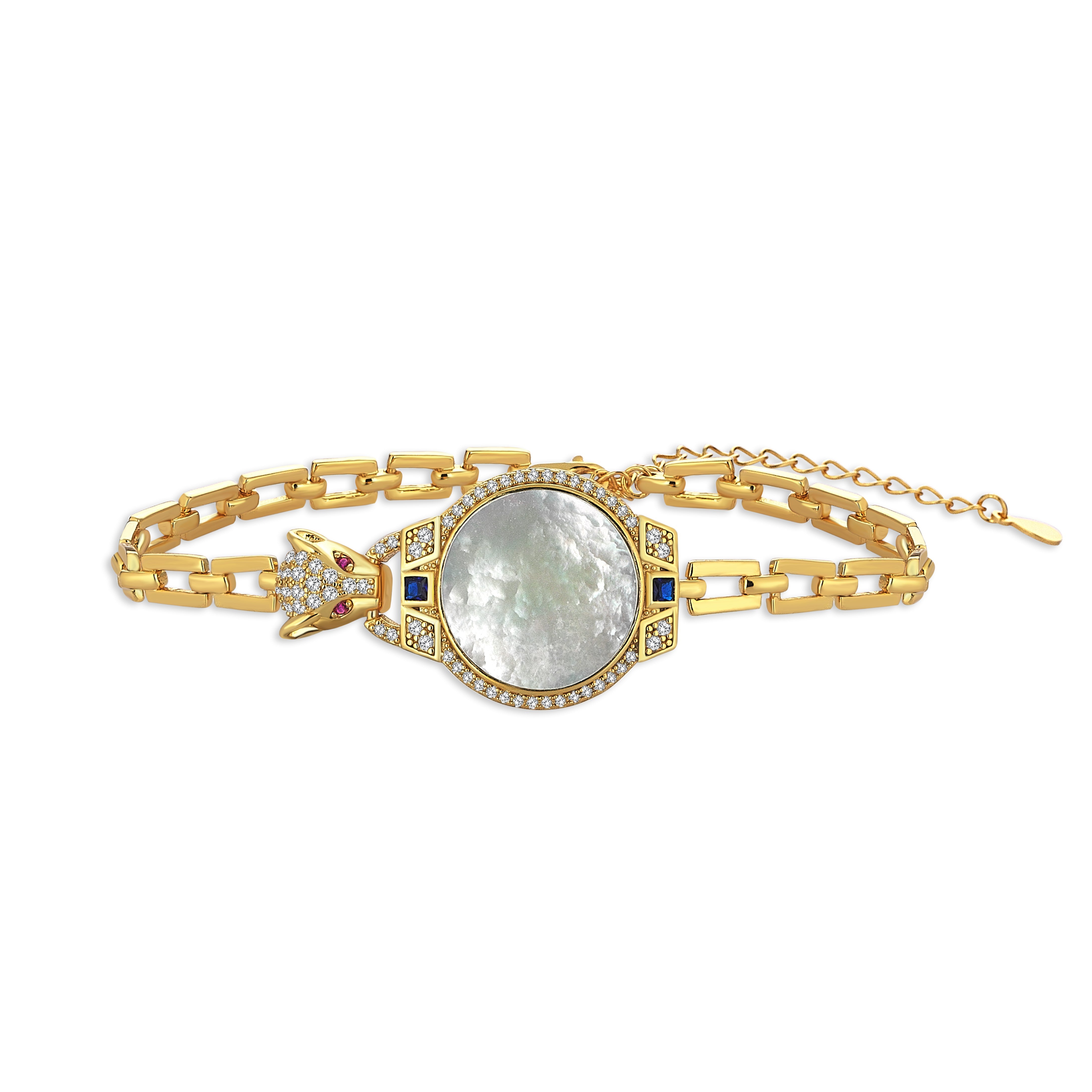 Gold-plated sterling silver bracelet with lion nacre design and AAA+ zirconium stones in white, blue, and red.
