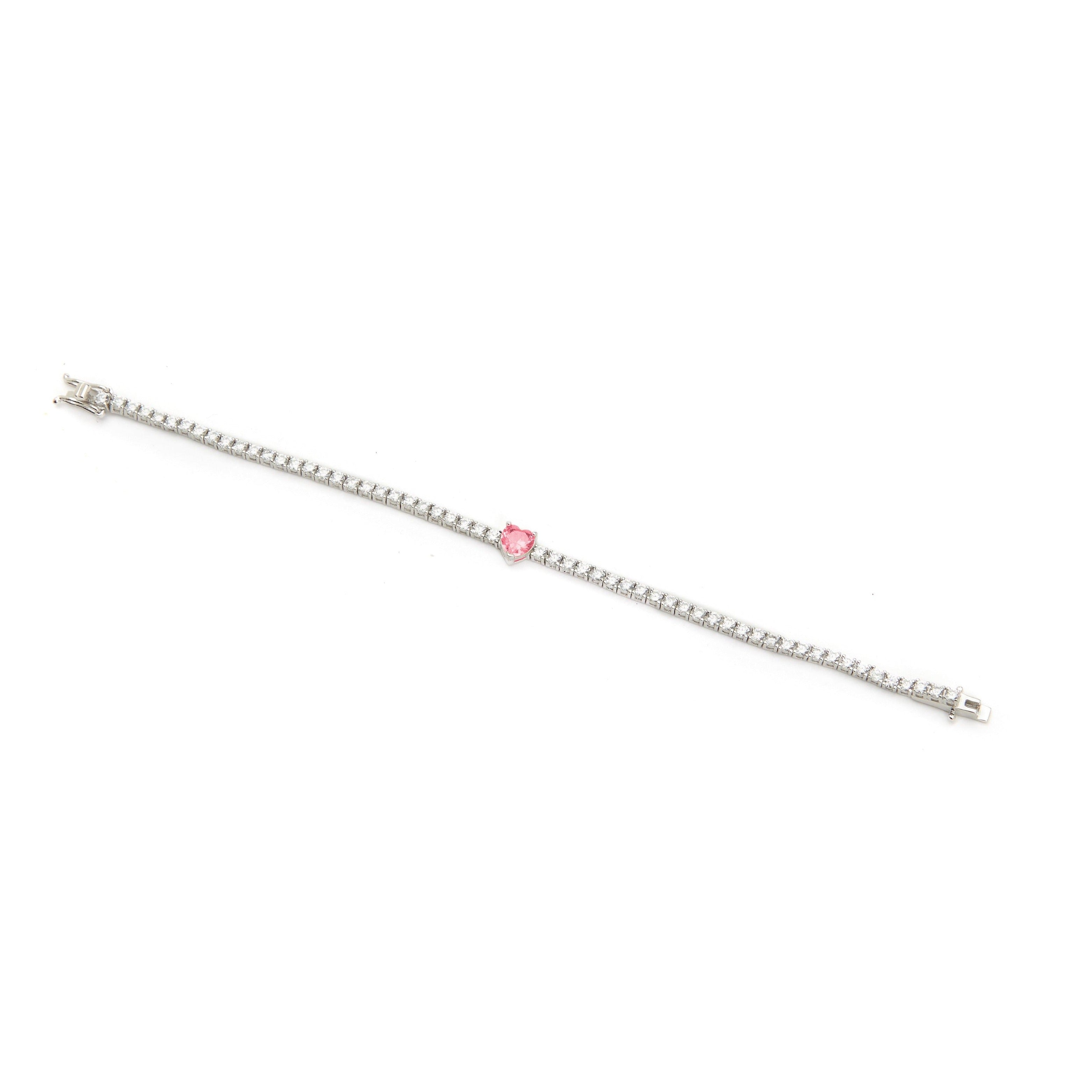 Sterling silver BRACELET HEART with pink AAA+ zirconium stone, rhodium plated
