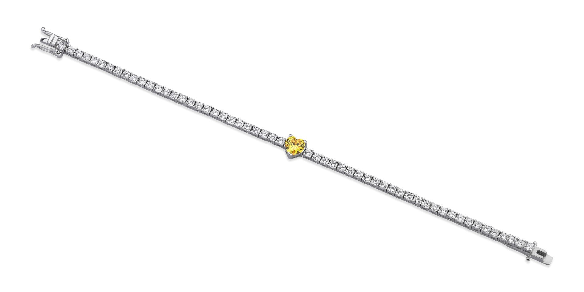 Sterling silver BRACELET HEART with yellow heart-shaped zirconium stone and rhodium plating