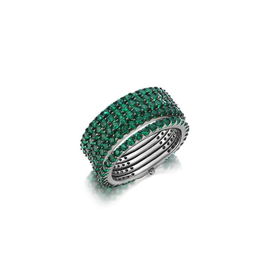 BAGUE OLYMPIA sterling silver rhodium-plated ring with emerald green stones.